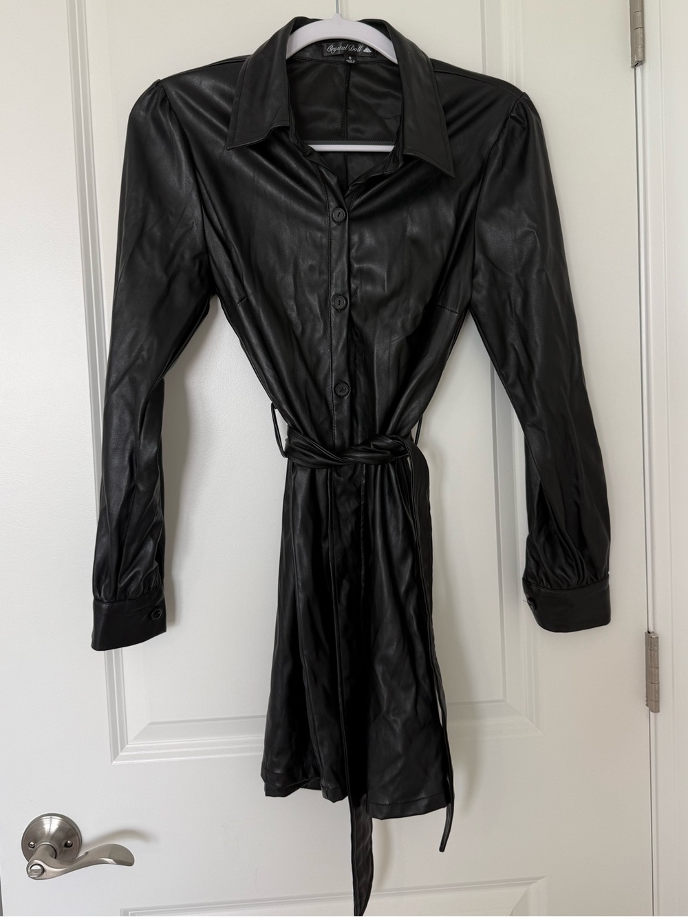 Crystal Doll Black Faux Leather Belted Shirt Jacket